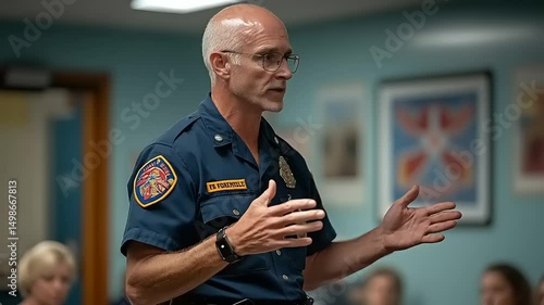 Firefighter Addressing Audience at Community Meeting: Training and Safety Presentation