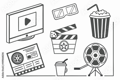 Movie time icons set, featuring popcorn, clapper board, film reel, monitor and 3D glasses in black and white.