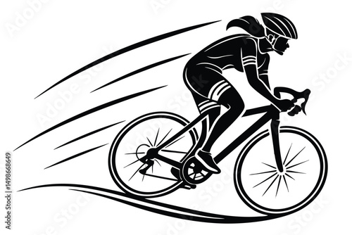 Fast Female Cyclist Silhouette Racing with Speed on a Bicycle, Black and White Sport Illustration.