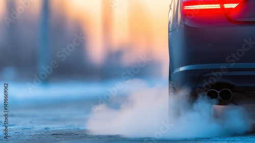 Sleek car exhaust emitting smoke in a winter setting, with a colorful sunset in the background
