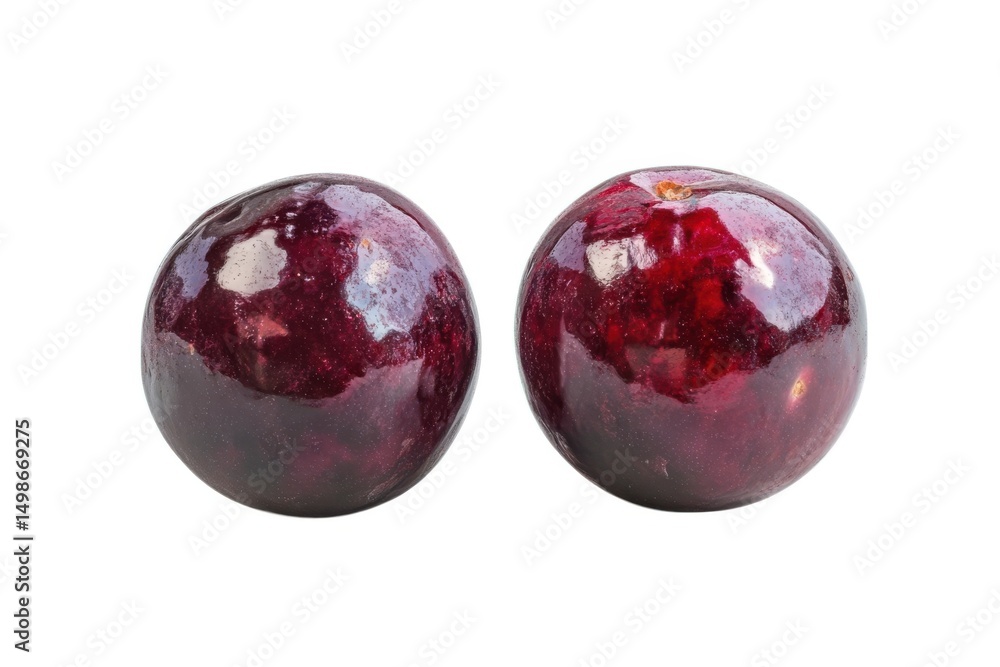 Fototapeta premium Two fresh plums close up view on white background