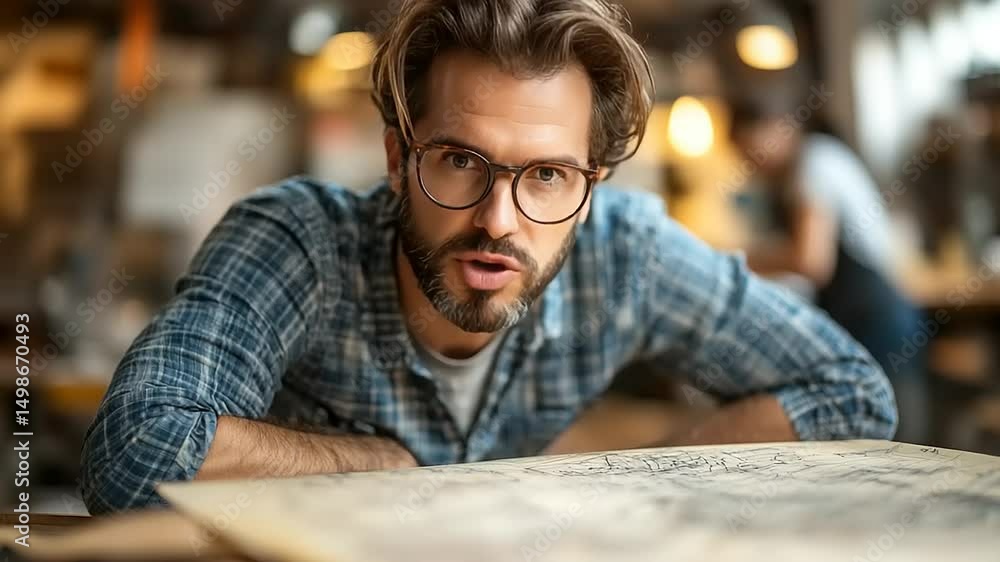 Focused Man Examining Architectural Blueprints in Workshop Interior with natural light Focused Man Examining Architectural Blueprints in Workshop Interior with natural light