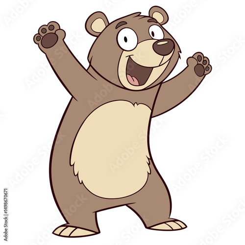A cheerful brown cartoon bear enthusiastically raising its paws high with a wide smile