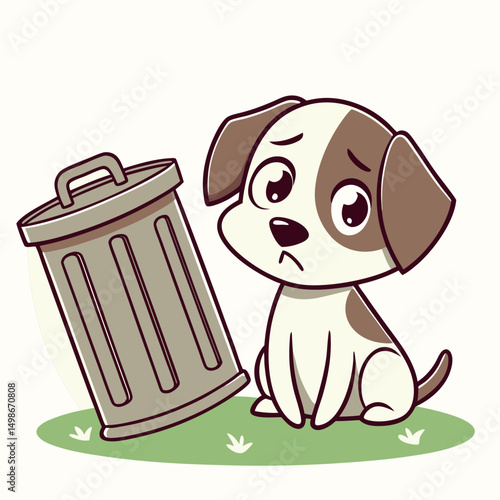 A sad cartoon puppy with brown spots sits near an overturned trash can