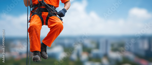 Worker safety gear hanging from high rise building with cityscape background demonstrating construction or maintenance work
