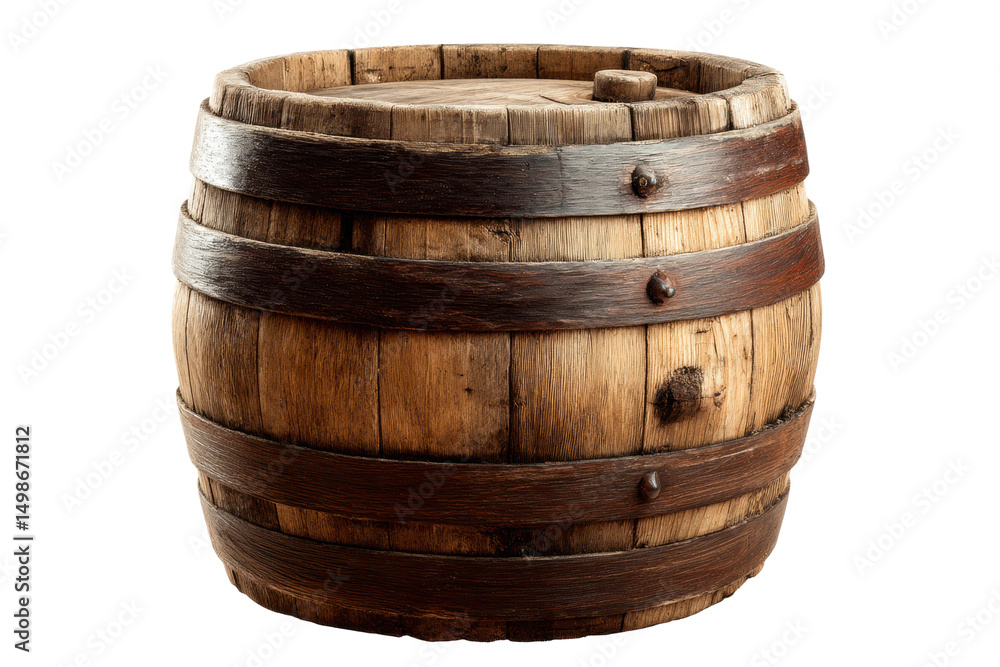 Fototapeta premium Vintage wooden barrel with iron bands and rustic texture, cut out