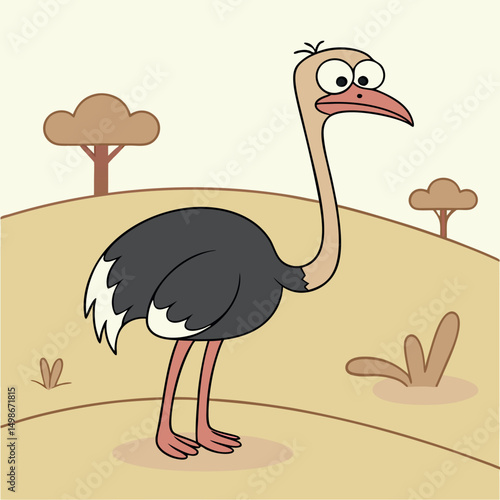 Cartoon ostrich with comical eyes stands tall within an illustrated African savanna landscape