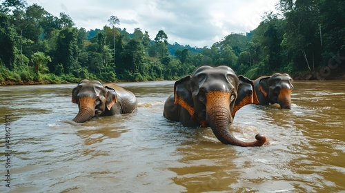 Elephant Sanctuary Elephants bathing and playing in a river