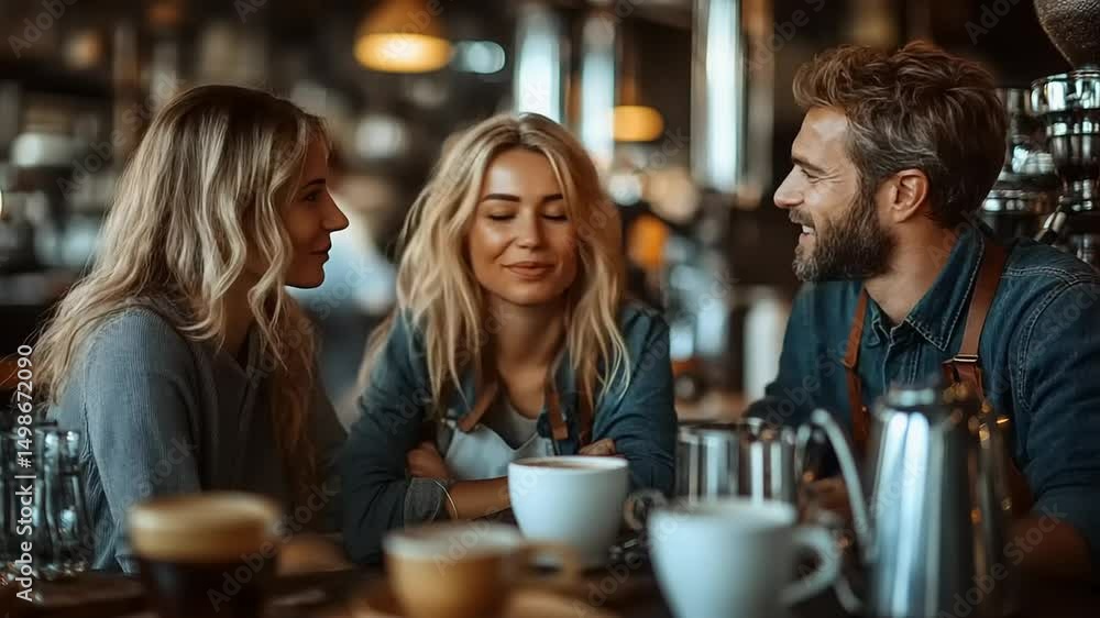 Friends Enjoying Coffee and Conversation at a Cozy Cafe, barista preparing coffee for customers Friends Enjoying Coffee and Conversation at a Cozy Cafe, barista preparing coffee for customers