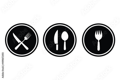 Minimalist Black and White Restaurant Icon Set Featuring Fork, Knife, and Spoon, ideal for websites and menus.