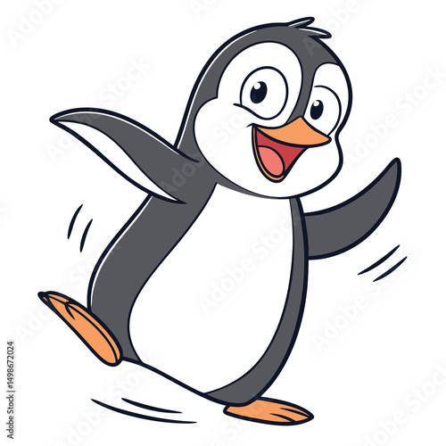 Cartoon penguin enthusiastically jumps, spreading flippers with joy on a transparent background