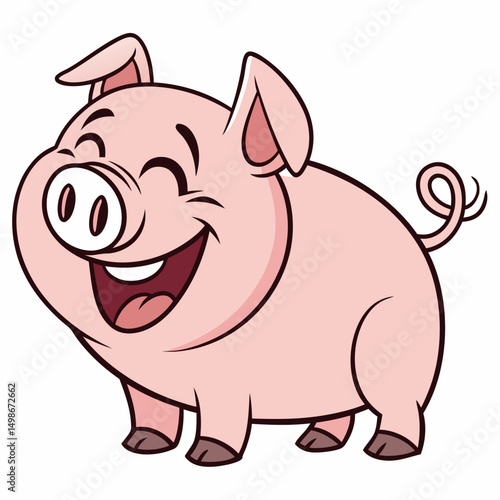 Cartoon pink pig stands smiling widely showing his big teeth, isolated on white