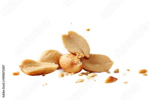 Salted roasted peanuts with shell fragments on white background, cut out