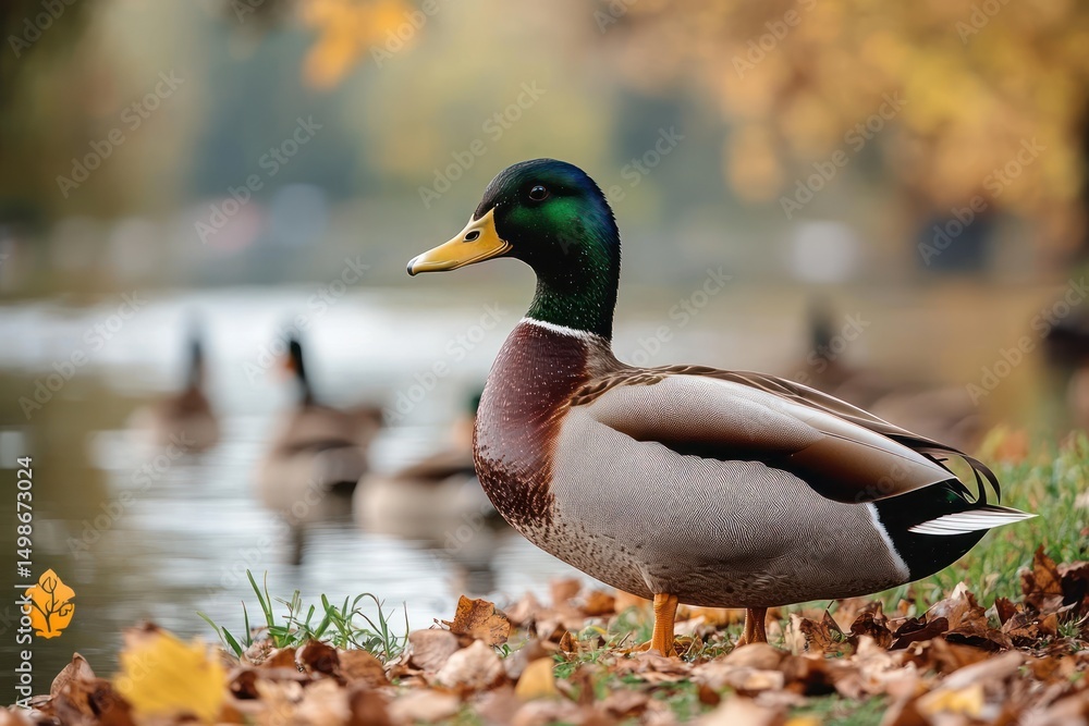 Fototapeta premium close-up of a male mallard duck standing on the grassy, leaf-covered bank beside a calm body of water with other ducks blurred in the background during autumn