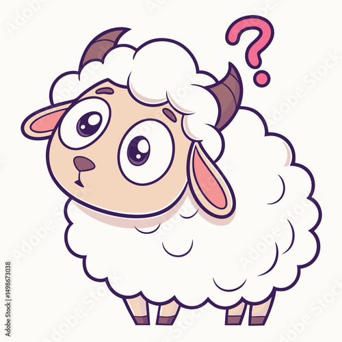 Cartoon sheep looks quizzical as a pink question mark hovers near its head on transparent background