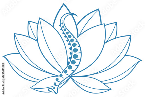 Chiropractic Logo Design Concept: Spine in Lotus Flower Outline, Symbolizing Health and Wellness, Minimalist Blue Illustration.