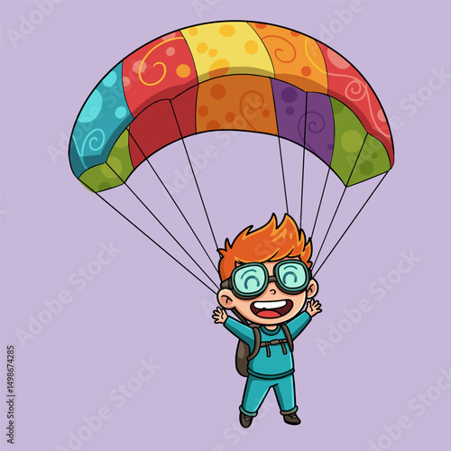 Cartoon boy skydiving with a colorful parachute, smiling with joy.