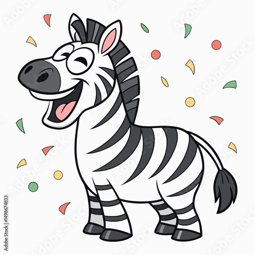 Cartoon zebra smiles joyfully amidst falling confetti, portraying a celebratory against a transparent backdrop