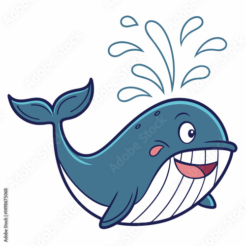 Cheerful blue cartoon whale smiles happily while spouting water, isolated on transparent background