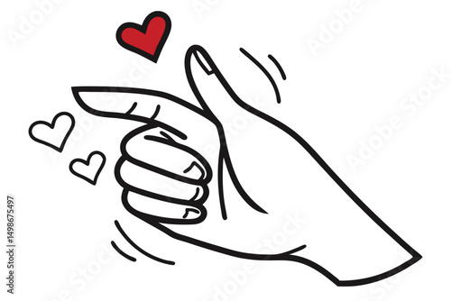 Graphic Illustration of a Hand Making a Finger Heart Gesture with Red Hearts, Isolated on a White Background.