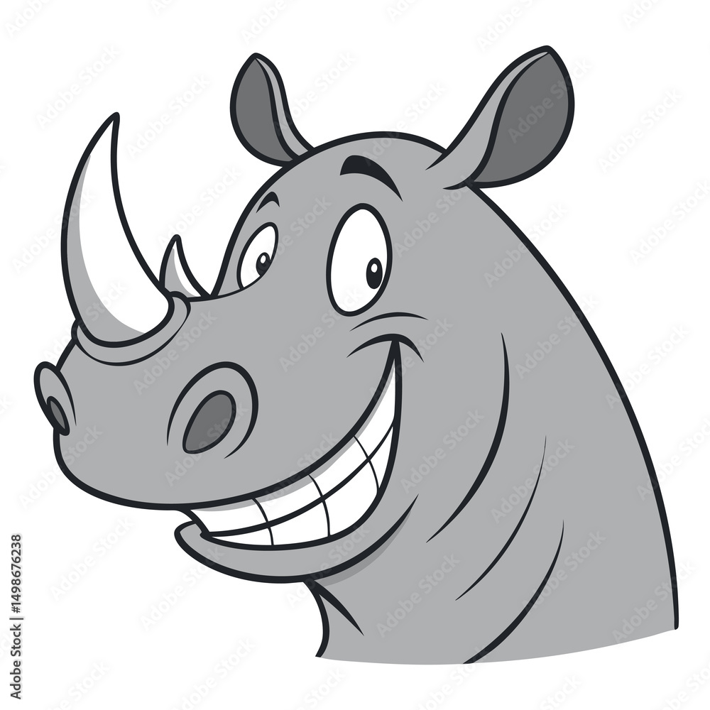 Obraz premium Cheerful gray cartoon rhino head shows a wide grin with bright white teeth clearly visible