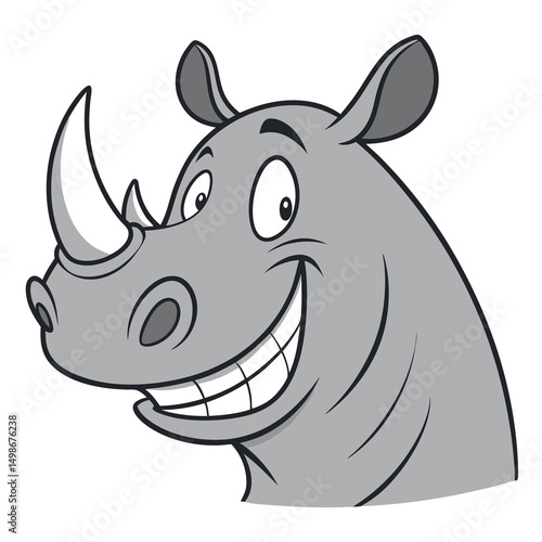 Cheerful gray cartoon rhino head shows a wide grin with bright white teeth clearly visible