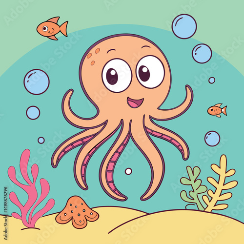 Cheerful cartoon octopus floats happily with friendly fish and bubbles under the sea