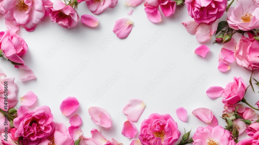 Pink Roses Frame: Elegant Floral Border on White Background Pink Roses Frame: Elegant Floral Border on White Background
