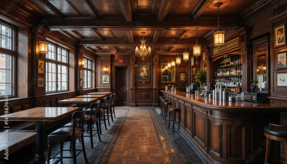Grand Empty Pub Interior With Wooden Bar And Tables
Grand Empty Pub Interior With Wooden Bar And Tables