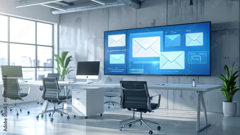 Modern Office Space with Digital Display Showing Email Communication and Data Analysis Modern Office Space with Digital Display Showing Email Communication and Data Analysis