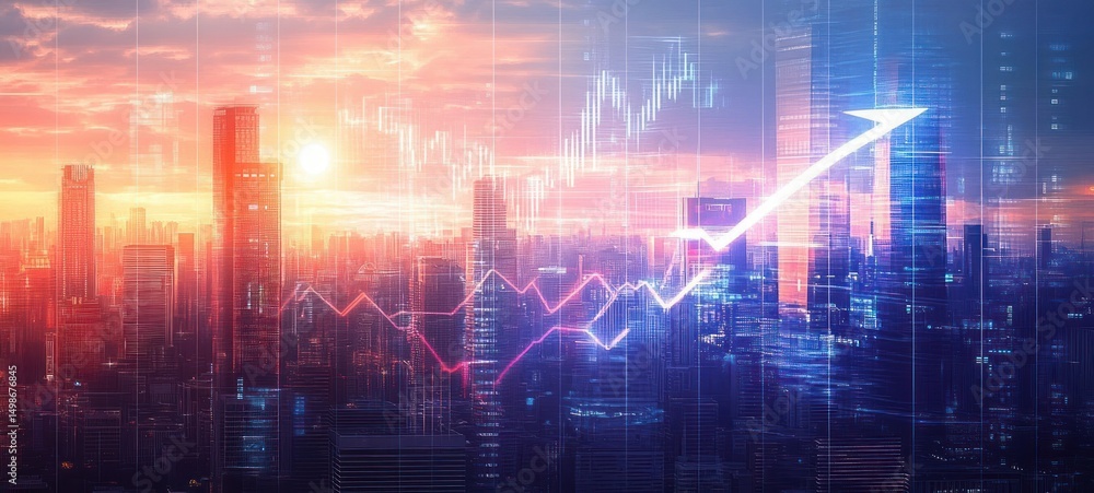 City skyline at sunset with transparent financial stock market graph overlay showing upward trend and growth arrow City skyline at sunset with transparent financial stock market graph overlay showing upward trend and growth arrow