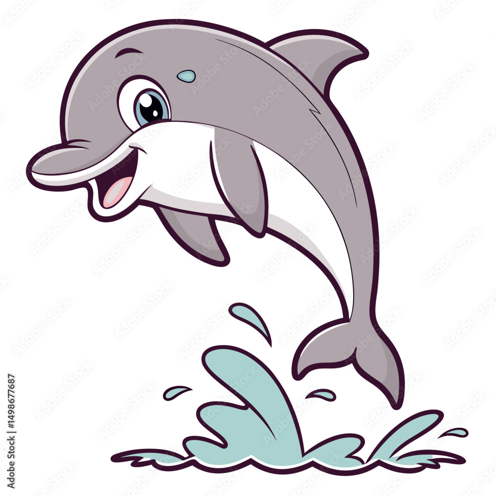 Obraz premium Playful cartoon dolphin leaps joyfully from the water, creating dynamic splashes against a transparent background