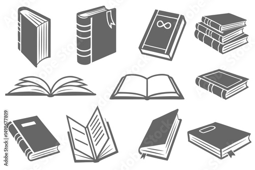 Collection of Vector Book Icons: Education, Literature and Knowledge Concepts Depicted in Minimalist Style for Graphic Design Projects.