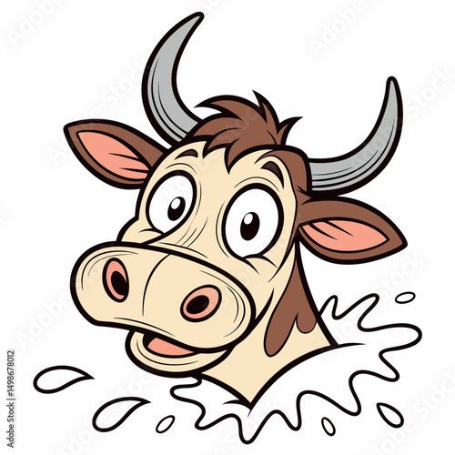 Smiling cartoon dairy cow shows its face partly submerged in fresh milk splash