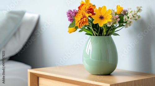Wallpaper Mural Bright flowers in a pastel green vase on modern oak nightstand, peaceful and elegant Torontodigital.ca