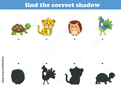 Funny cartoon wild life. Find the correct shadow. Kids Education games. Cartoon vector illustration