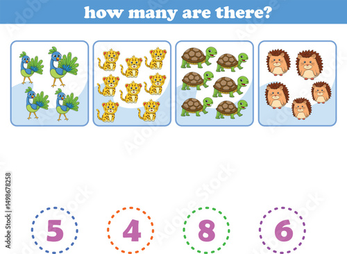 Counting game of wild animals for preschool kids. Printable. Vector Illustration