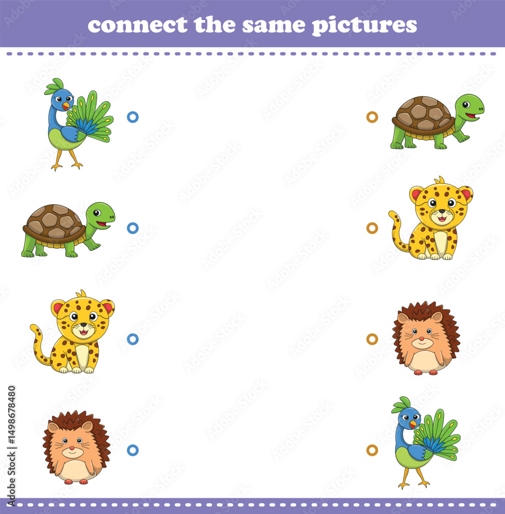 Obraz premium Education game for children connect the same picture of cute cartoon wild animal printable. Vector Illustration