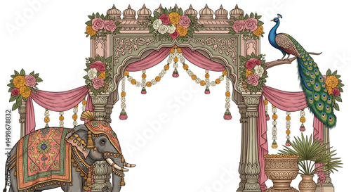 Traditional Indian Jaipur style decorative arch, palace garden themed wedding frame with elephant, peacock, flower illustration