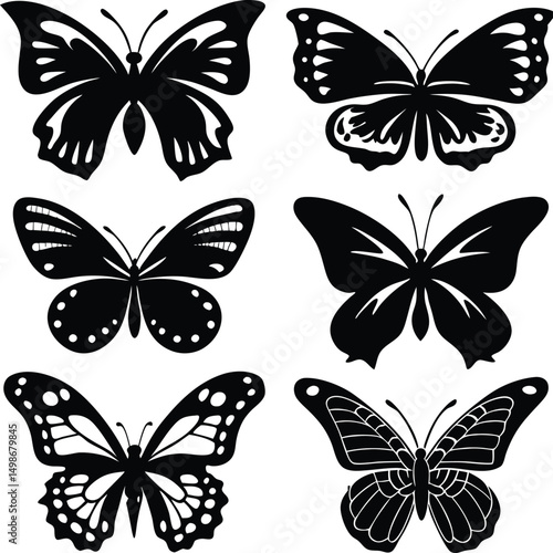 Six Black Silhouettes of Different Butterfly Species