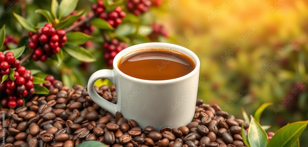 Coffee mug filled with coffee, coffee beans scattered on lush coffee plantation backdrop, Costa Rica, organic Coffee mug filled with coffee, coffee beans scattered on lush coffee plantation backdrop, Costa Rica, organic