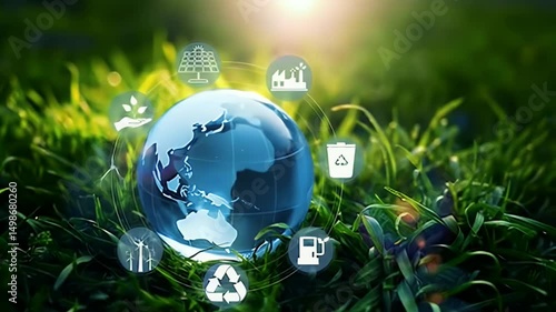 Glass Globe on Green Grass with Sustainability Icons