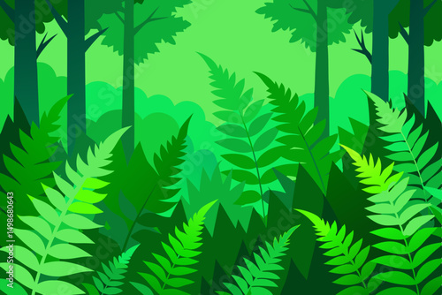 Green fern leaves create a lush, natural forest background with tropical foliage