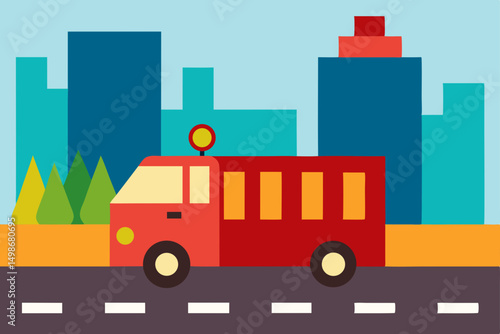 Vector cartoon illustration of a school bus toy vehicle on the road