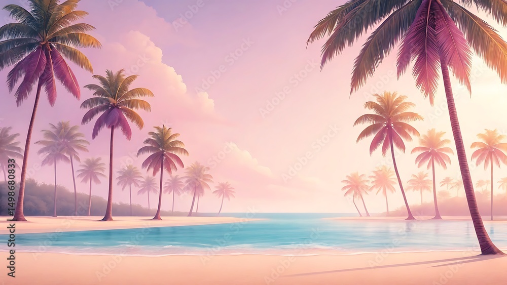 Escape to a dreamy beach paradise the gentle turquoise sea meets soft pink skies under tropical palm Escape to a dreamy beach paradise the gentle turquoise sea meets soft pink skies under tropical palm