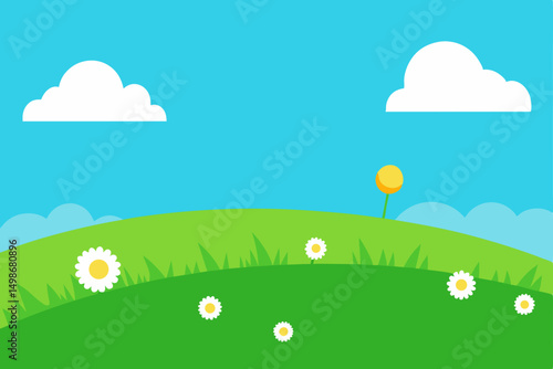 Spring or summer nature landscape with field flowers, grass, and sky