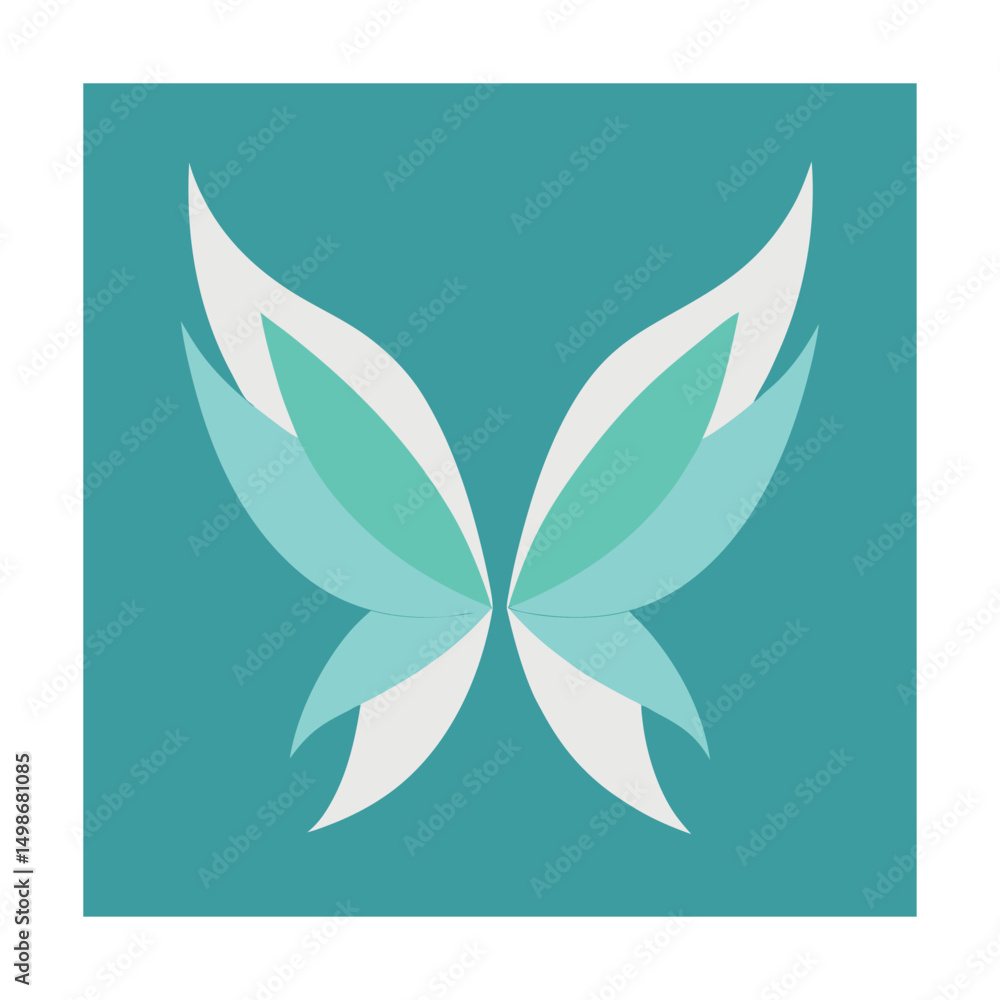 Abstract butterfly design featuring layered wings in shades of teal and white on a turquoise background Abstract butterfly design featuring layered wings in shades of teal and white on a turquoise background
