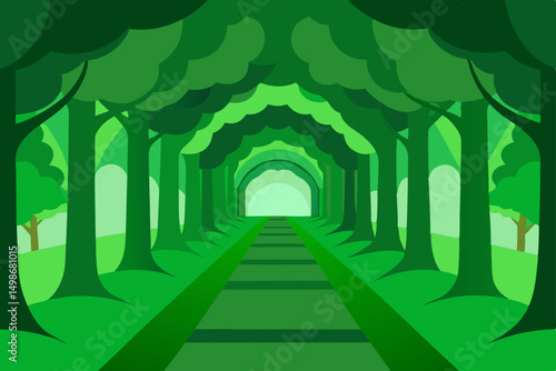 A 3D render of an ancient European stone arch corridor with green grass and gothic light