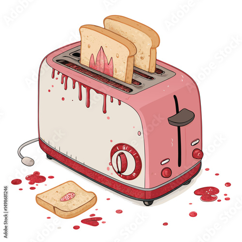 A menacing pink toaster spews bloody, evil-looking toast slices; ominous, surreal kitchen scene.