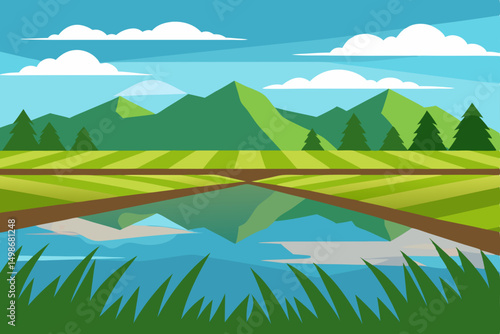 Summer mountain landscape with green grass and blue sky